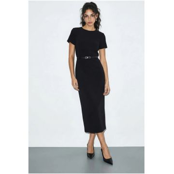 Rochie midi  neagra - cu cordon - guler rotund - maneca scurta - poliester/viscoza