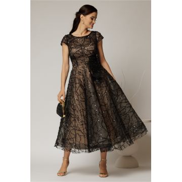 Rochie midi neagra de ocazie din dantela cu paiete si perle