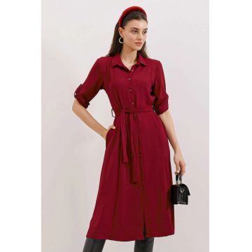 Rochie midi  rosu - maneca lunga - poliester/lycra
