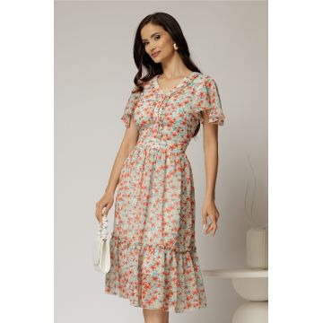 Rochie midi roz din voal cu imprimeuri florale oranj in clos cu volanase
