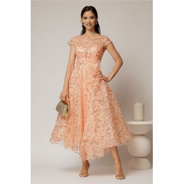 Rochie midi roz somon de ocazie din dantela cu paiete si perle