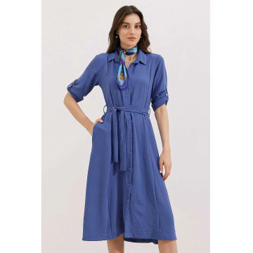 Rochie midi -  texturata - poliester/lycra - albastru