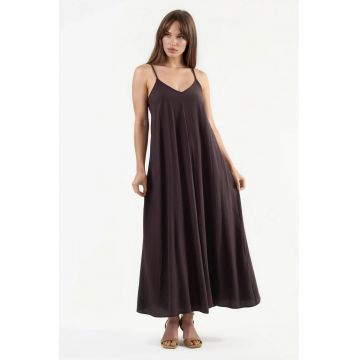 Rochie midi tip furou -  decolteu in V - maro - poliester