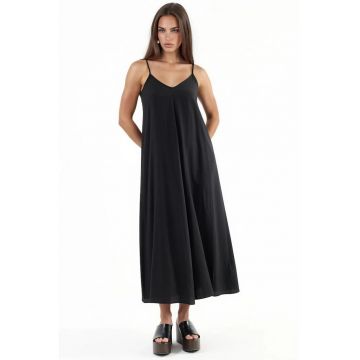 Rochie midi tip furou  decolteu in V - neagra - poliester