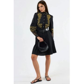Rochie mini -  brodata - negru - poliester/lycra - maneca lunga
