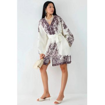 Rochie mini -  cu maneca lunga - poliester/elastan - alb/maro