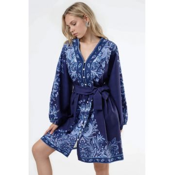 Rochie mini - cu maneca lunga - poliester/elastan - albastru