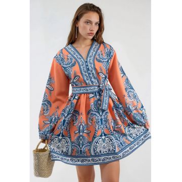 Rochie mini -  cu maneci lungi - multicolor - poliester/lycra