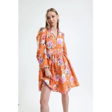Rochie Mini -  Floral - Maneca lunga - Multicolor - Poliester si Lycra -