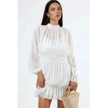 Rochie mini -  guler inalt - alb - poliester