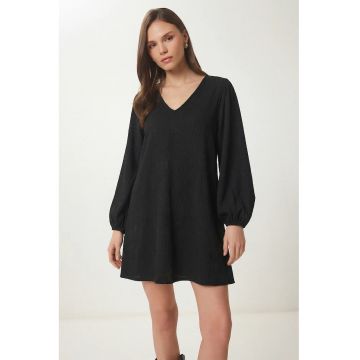 Rochie mini Happiness Istanbul - decolteu in V - maneci lungi - negru - poliester/elastan