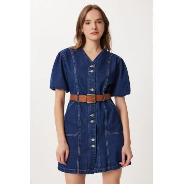 Rochie mini - Happiness Istanbul - denim - decolteu in V - albastru - cu curea