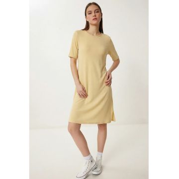 Rochie mini - Happiness Istanbul - galben - cumaneca scurta - guler rotund - bumbac