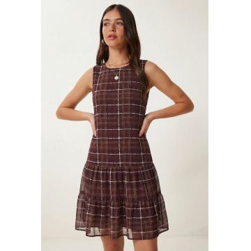 Rochie mini - Happiness Istanbul - model cu carouri - volane - mov - poliester -