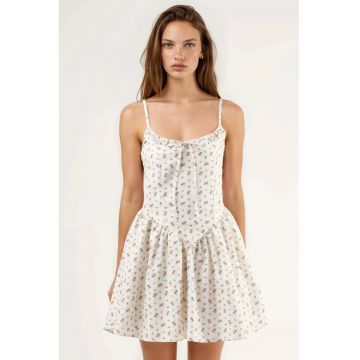Rochie mini  imprimeu floral - guler in U - bej - poliester