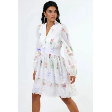 Rochie mini -  model floral - alb - poliester - maneca lunga