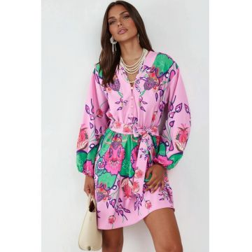 Rochie mini -  model floral - maneca lunga - multicolor - poliester/bumbac/lycra