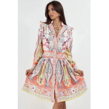 Rochie Mini Skater  Eleganta - Multicolor - Poliester-Bumbac-Lycra - Imprimeu Paisley - Maneca lunga - Decolteu in V