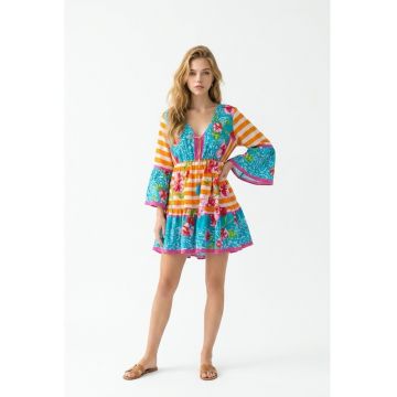 Rochie scurta de vara din bumbac cu imprimeu multicolor Positano Amalfi
