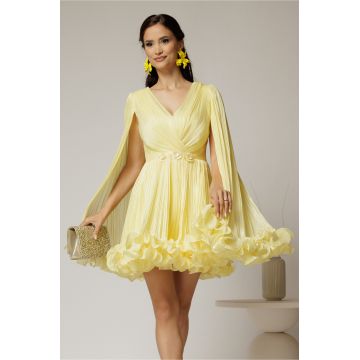 Rochie scurta galbena de ocazie cu aplicatii florale pe talie din voal peliculizat
