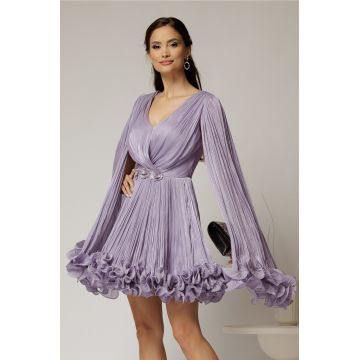 Rochie scurta lila de ocazie cu aplicatii florale pe talie din voal peliculizat