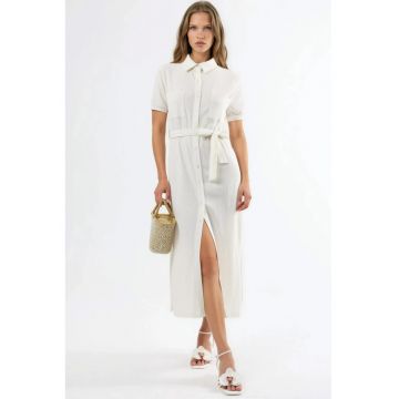 Rochie tip camasa -  cu cordon - poliester/elastan - Alb