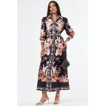 Rochie tip camasa - lunga - MSN Floral - curea in talie - multicolor - poliester/elastan