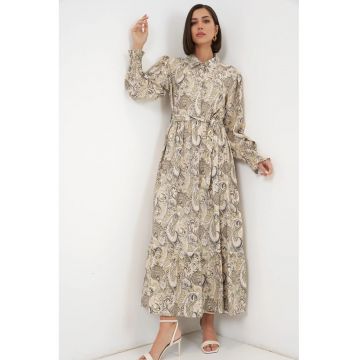 Rochie tip camasa Maxi  cu imprimeu - maneci lungi - bej natural - viscoza/nylon