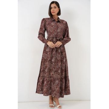 Rochie tip camasa Maxi  cu imprimeu Paisley - maneci lungi - maro - viscoza