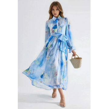 Rochie tip camasa maxi -  imprimeu abstract - poliester/lycra - albastru