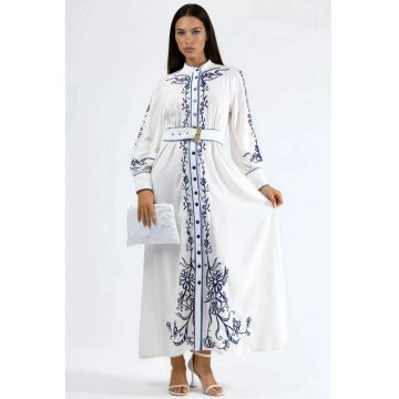 Rochie tip camasa - midi - curea in talie -  Model Floral - alb/albastru - bumbac - maneca lunga