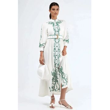 Rochie tip camasa midi -  model floral - alb/verde - bumbac - curea in talie