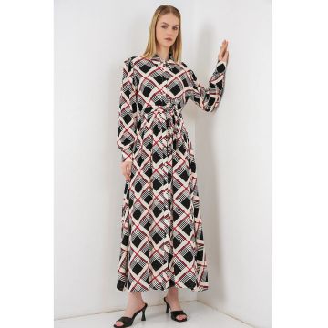 Rochie tip camasa - midi -  model in carouri - viscoza - bej/negru