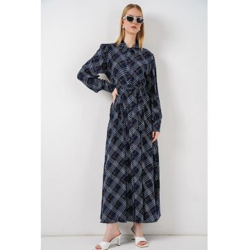 Rochie tip camasa - midi -  model in carouri - viscoza - bleumarin