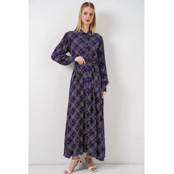 Rochie tip camasa - midi -  model in carouri - viscoza - mov