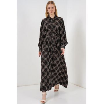 Rochie tip camasa - midi -  model in carouri - viscoza - negru