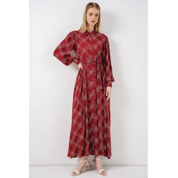 Rochie tip camasa - midi -  model in carouri - viscoza - rosu