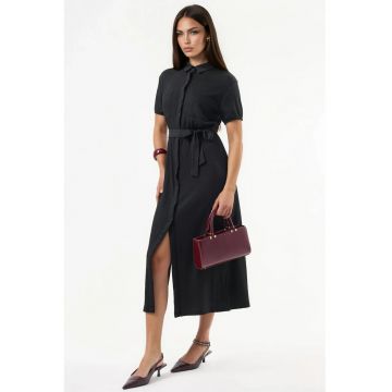 Rochie tip camasa - midi -  negru - cu cordon - maneca scurta - poliester/elastan