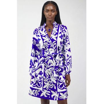 Rochie tip camasa mini -  poliester/bumbac - imprimeu floral - decolteu in V - cu maneca lunga - curea - alb/albastru