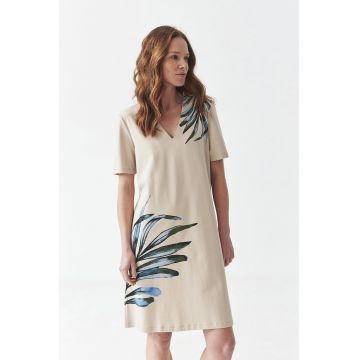 Rochie-tricou cu decolteu in V - Albastru lavanda/Verde englez/Bej deschis