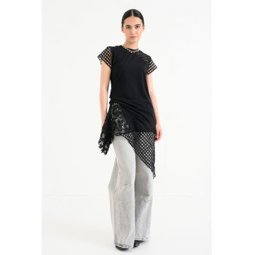 Rochie-tricou de bumbac organic crosetata Zala - Negru