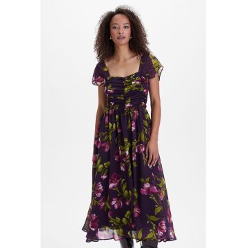 Rochie vaporoasa cu model floral - Violet/Verde masliniu