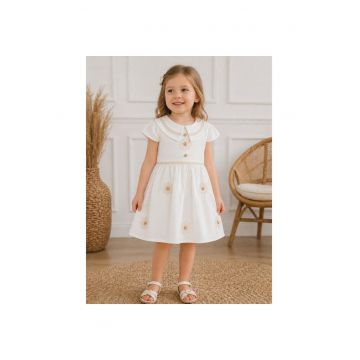 Rochita fetite alba eleganta cu broderie florala si guler decorativ