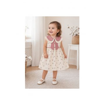 Rochita fetite crem cu imprimeu floral si guler dublu roz elegant