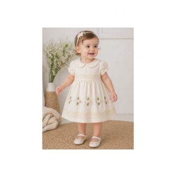 Rochita fetite crem din bumbac cu broderie florala si chilotel inclus