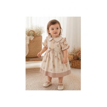Rochita fetite crem din bumbac cu imprimeu floral si guler elegant