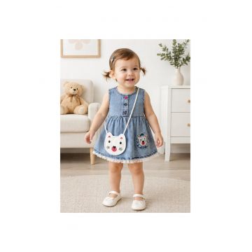 Rochita fetite denim cu aplicatii pisicuta si gentuta decorativa inclusa