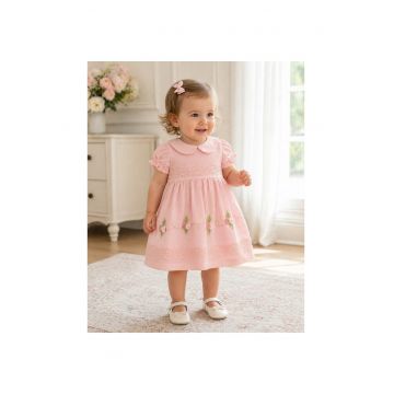 Rochita fetite roz eleganta din bumbac cu broderie florala si chilotel inclus