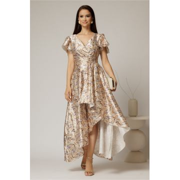 Rochie asimetrica din satin cu imprimeuri bej si decolteu petrecut