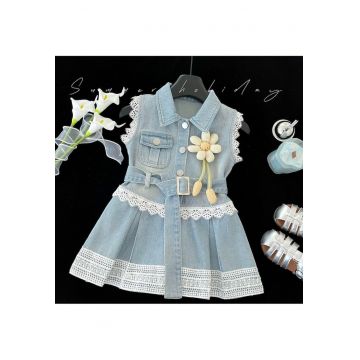 Rochie Blugi Fetițe Denim cu Dantelă Albă și Curea Victoria